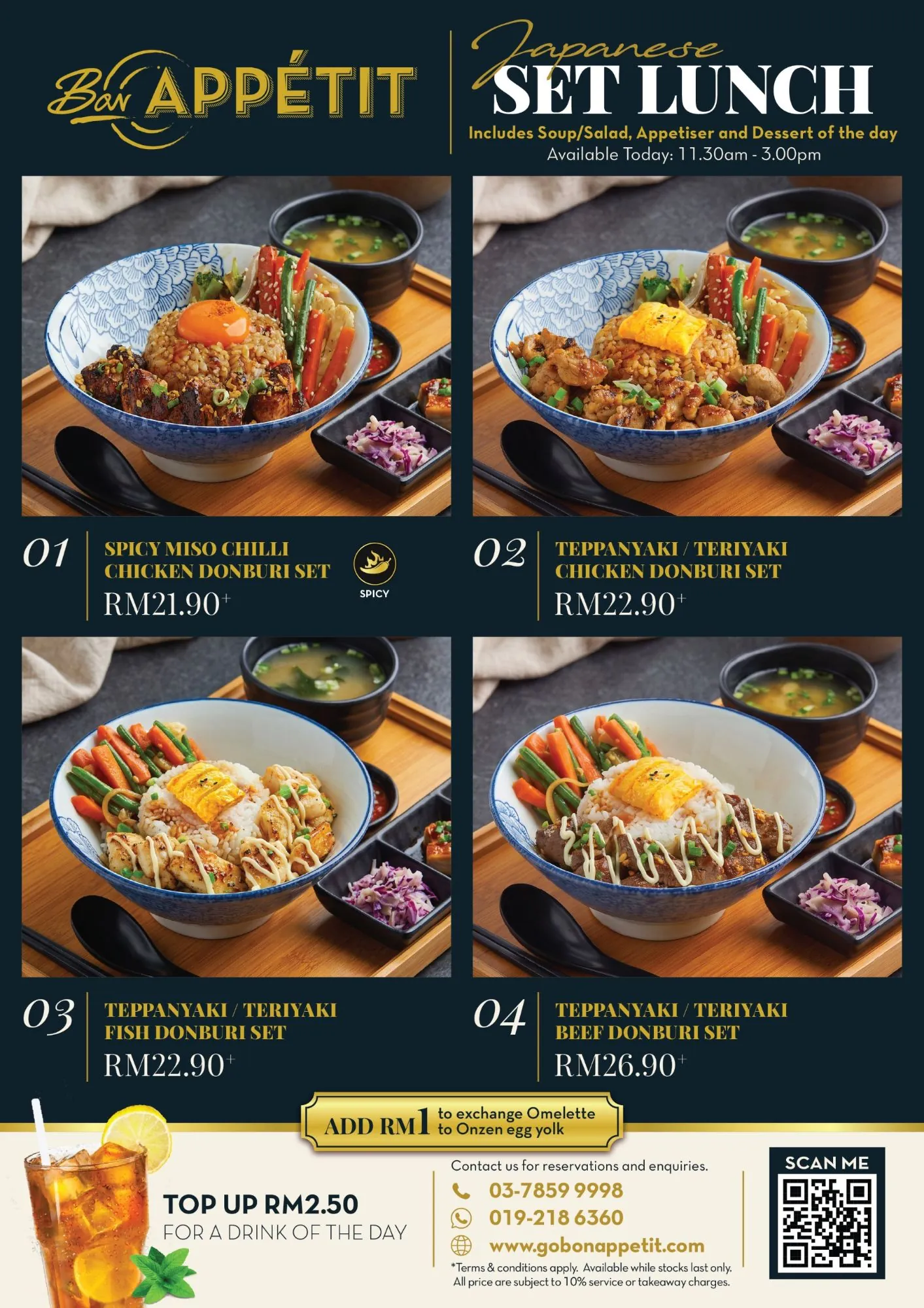 Japanese Set Lunch — Spicy Miso Chilli Chicken, Teppanyaki / Teriyaki Chicken, Fish and Beef Donburi Sets