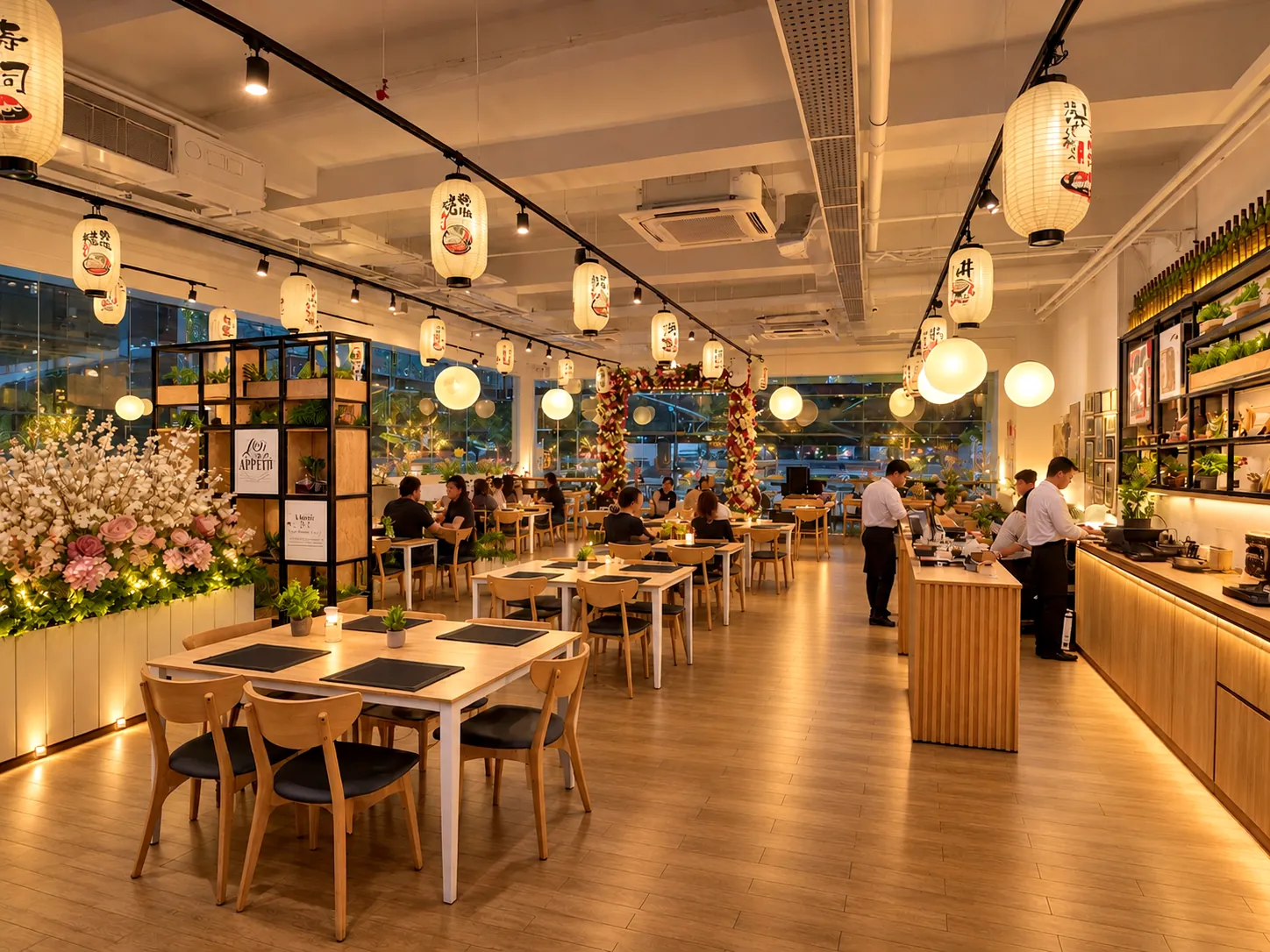 The full dining room with lanterns, wooden tables and the counter